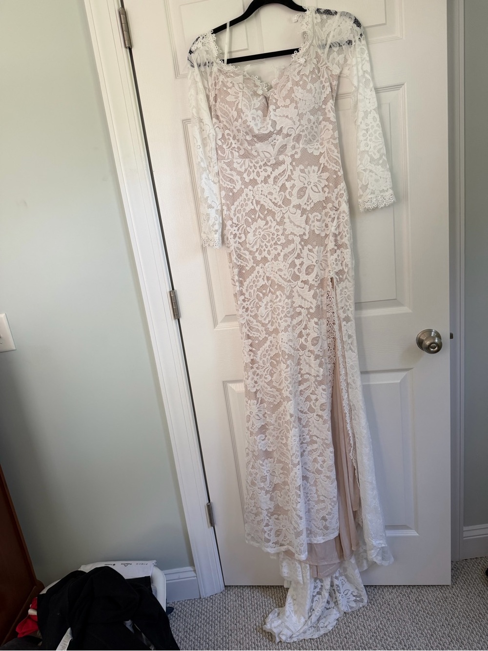 Elegant White Lace Overlay Gown with Nude Lining